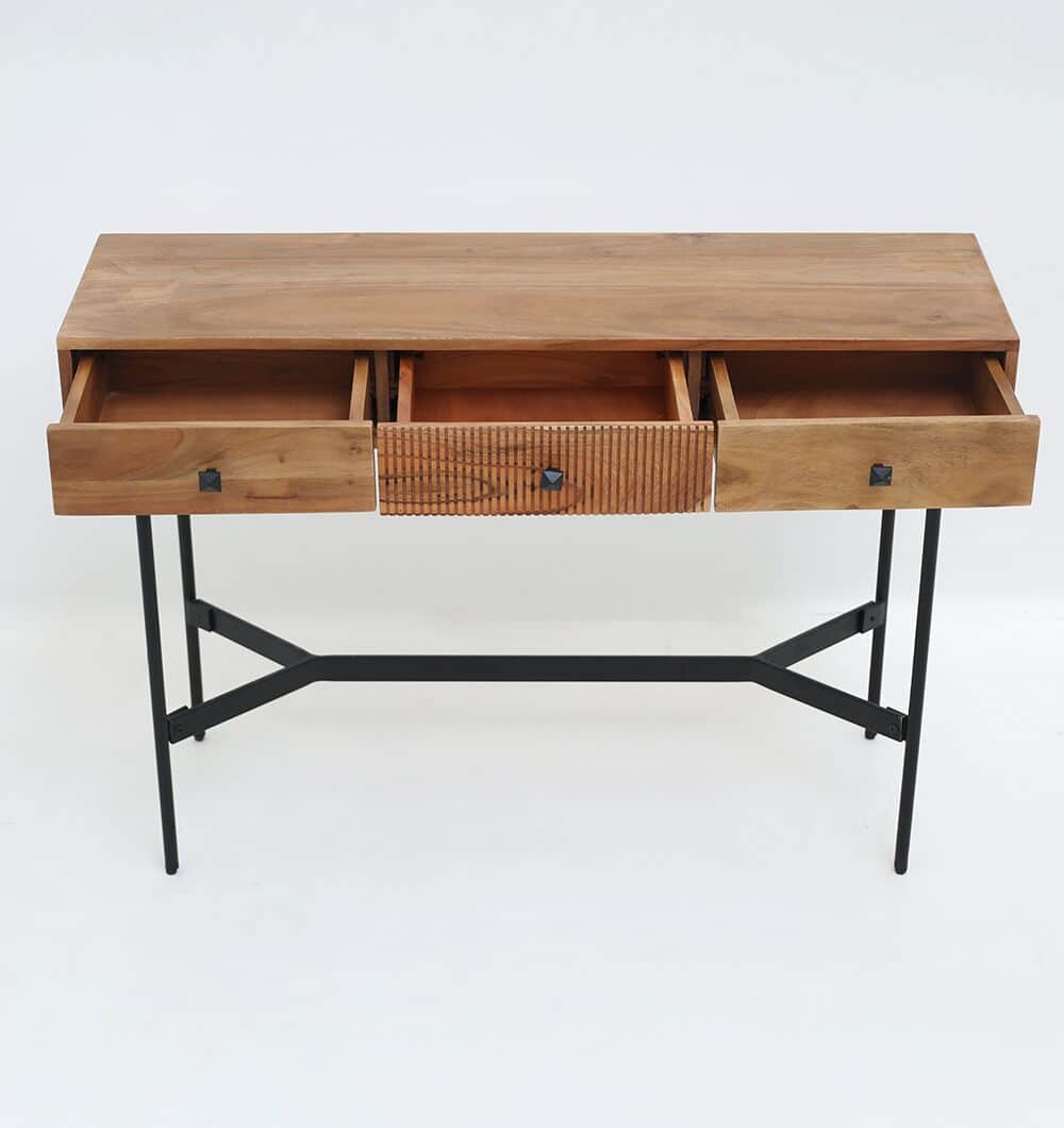 The RAMSHA HOME Wooden Sideboard Cabinet, made from solid acacia with a textured front and a black metal base, stands stylishly against a plain white background—an ideal choice for an entryway console table.