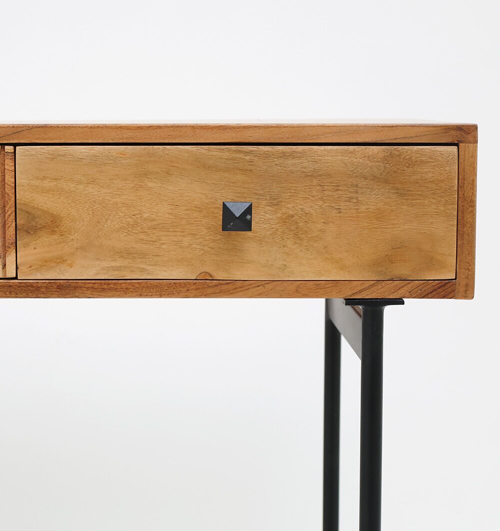 A close-up of the RAMSHA HOME Wooden Sideboard Cabinet drawer, crafted from solid acacia with a small black square knob, set on a black metal base against a plain white background.