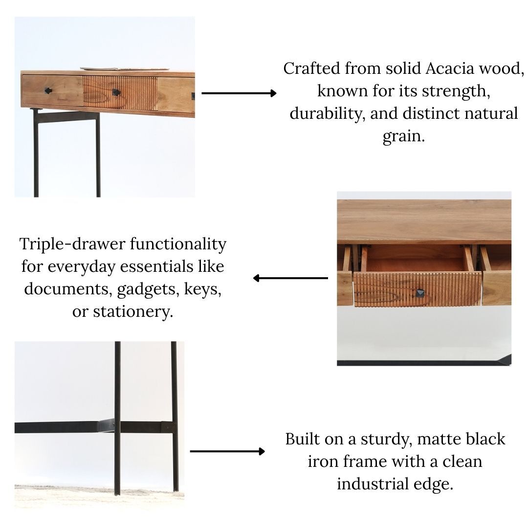 The RAMSHA HOME Wooden Sideboard Cabinet, crafted from solid acacia with a metal base, offers durability and striking natural grain—perfect as an entryway sideboard for industrial style and everyday storage.