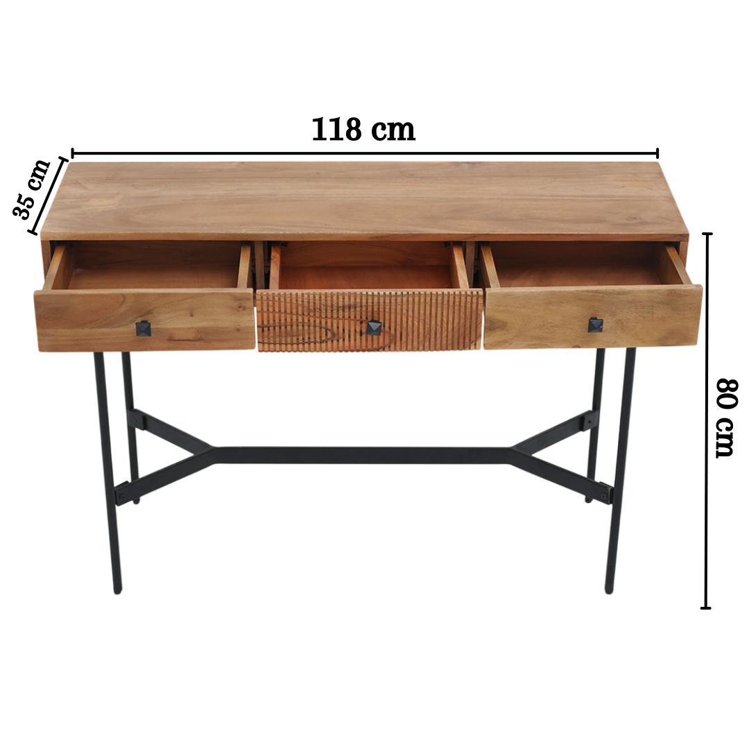 The RAMSHA HOME Wooden Sideboard Cabinet features solid acacia wood, a metal base, three open drawers, and measures 118x35x80 cm—an elegant storage solution for any entryway or living space.
