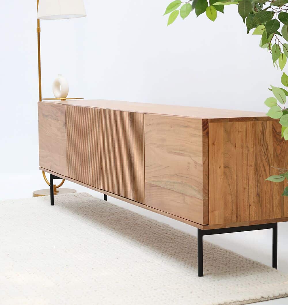Wooden TV Cabinet with Storage – Solid Acacia & Metal Base