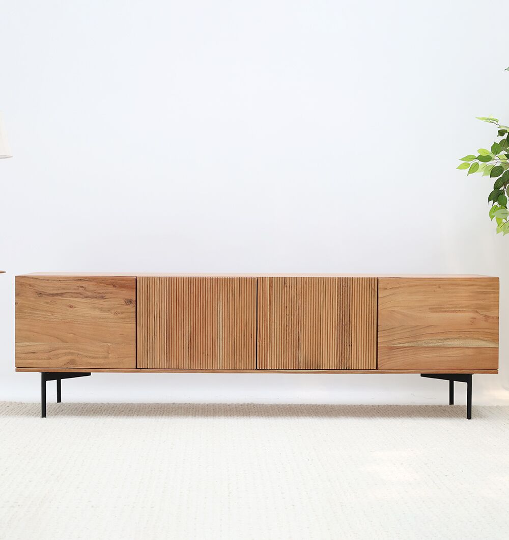 Wooden TV Cabinet with Storage – Solid Acacia & Metal Base