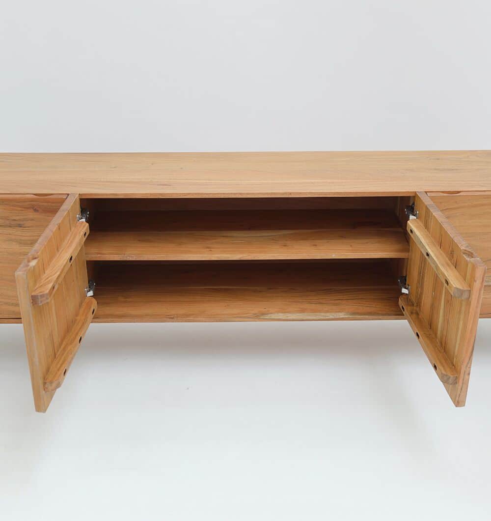 The RAMSHA HOME Wooden TV Cabinet with Storage features solid acacia wood, a sturdy metal base, two outward-opening doors, interior shelves, and ample storage space—all presented against a plain white background.