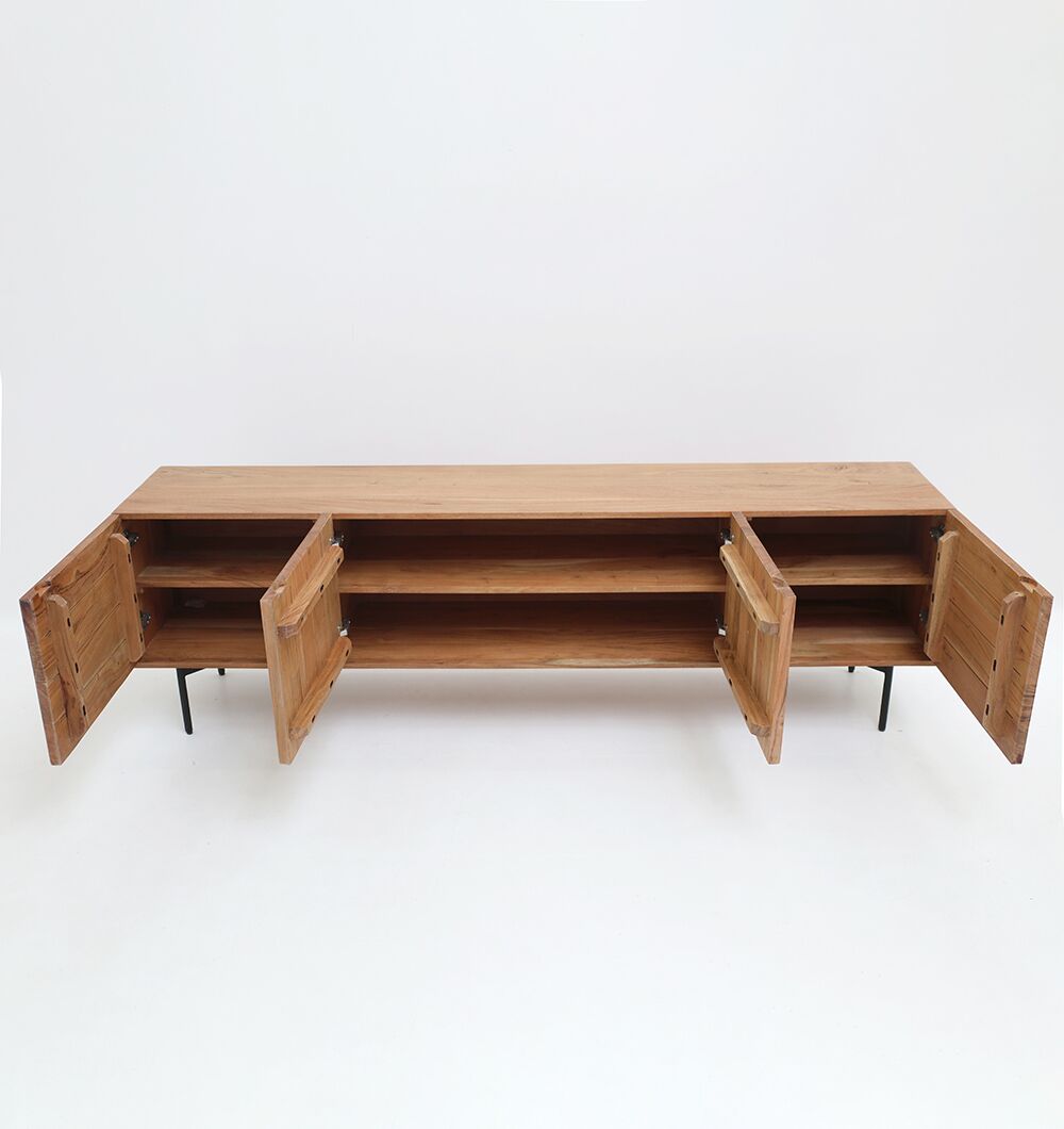 The Wooden TV Cabinet with Storage by RAMSHA HOME is crafted from solid acacia, featuring four cabinet doors, spacious shelves, and a sturdy black metal base. This modern media console offers stylish storage for your living space.