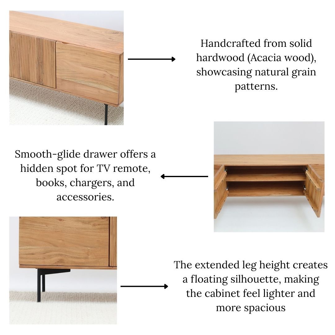 The RAMSHA HOME Wooden TV Cabinet with Storage – Solid Acacia & Metal Base is shown closed, open with smooth-glide drawers, and in a close-up of its tall black metal legs for a floating look. Text highlights its natural grain patterns and features.