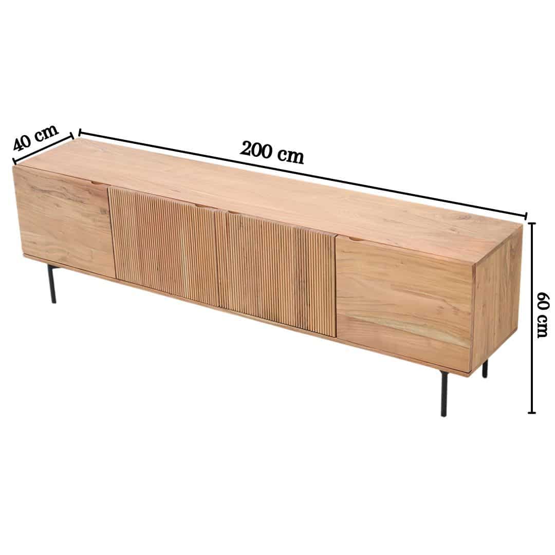 The RAMSHA HOME Wooden TV Cabinet with Storage, made from solid acacia and a metal base, features three doors, a slatted center section, and black metal legs. Dimensions are 200x40x60 cm and clearly labeled on the image.