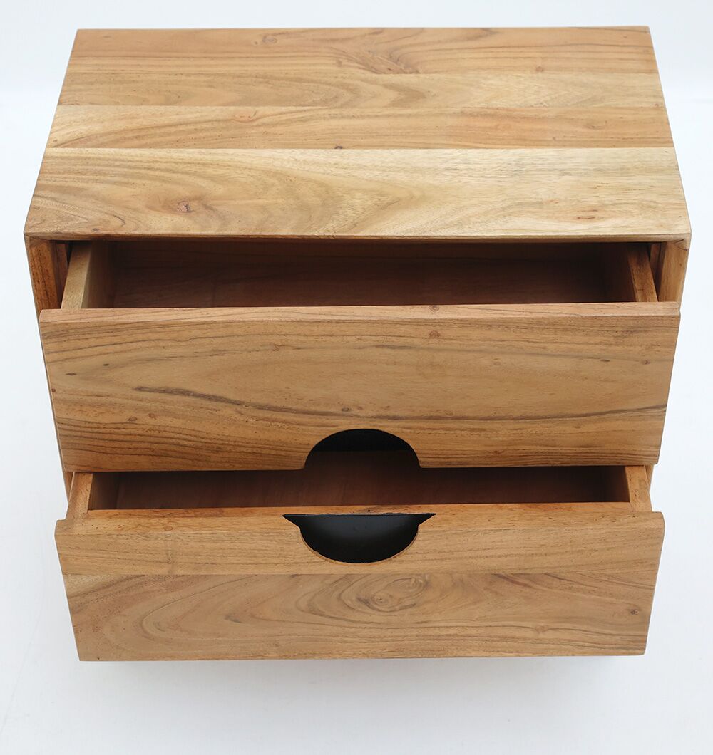 The RAMSHA HOME Solid Acacia Wood Sideboard Cabinet is a 2-drawer storage unit featuring circular cutout handles and a natural grain finish, offering both style and function for any room.