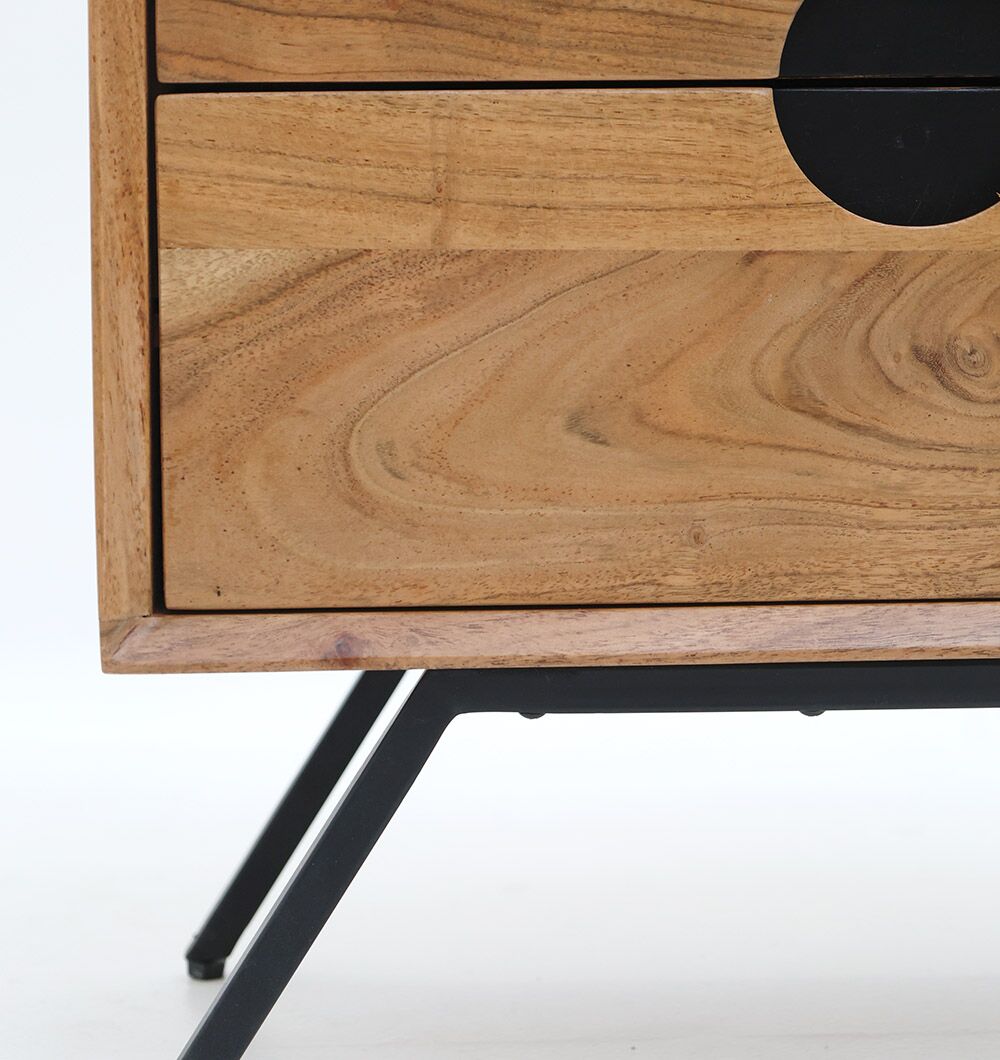 Close-up of the RAMSHA HOME Solid Acacia Wood Sideboard Cabinet – 2 Drawer Storage Unit, showcasing natural wood grain, a black circular handle, and angled black metal legs against a white background.