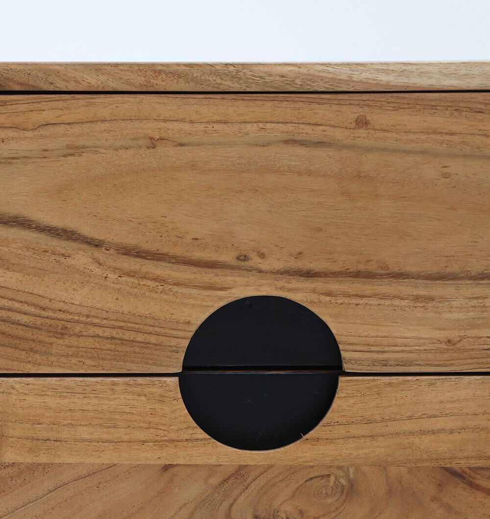 A close-up of the RAMSHA HOME Solid Acacia Wood Sideboard Cabinet highlights its natural grain pattern and a central round black recessed handle joining the two drawers.