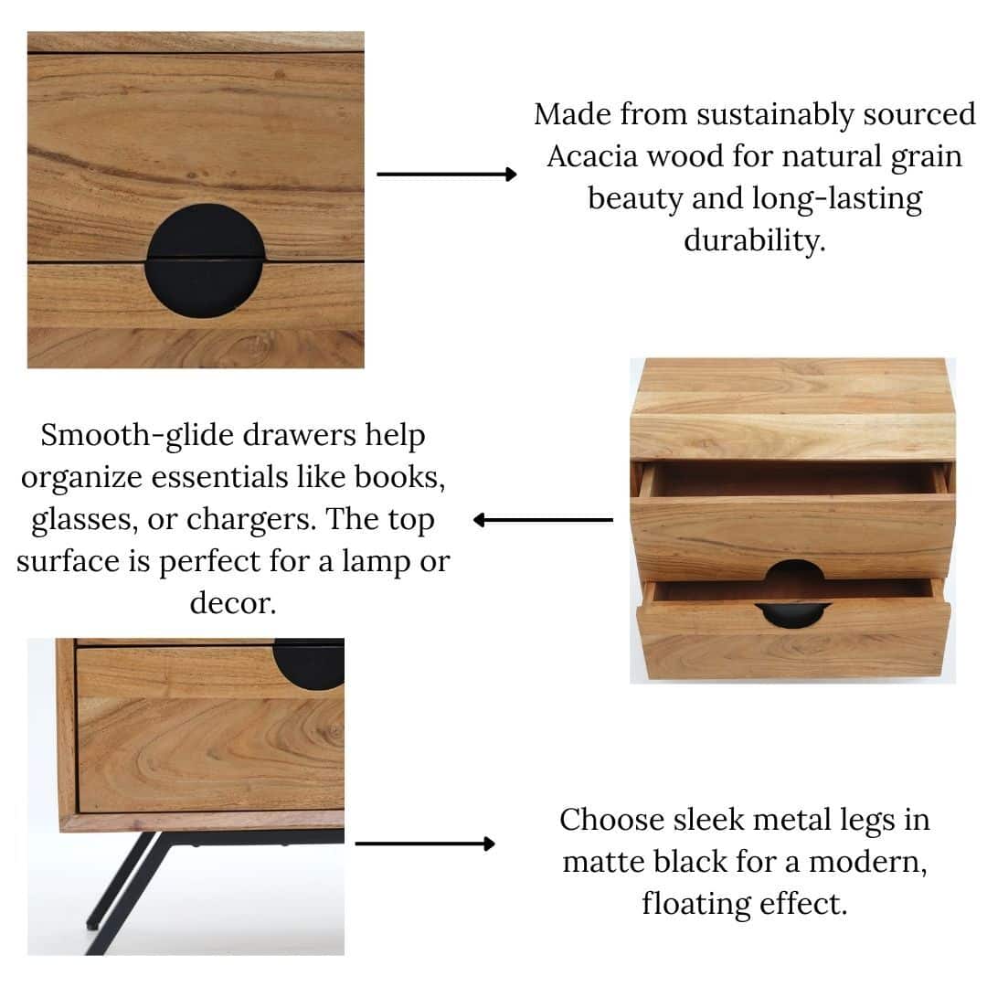 The RAMSHA HOME Solid Acacia Wood Sideboard Cabinet – 2 Drawer Storage Unit features natural wood grain, eco-friendly acacia construction, smooth-glide drawers for storage, and sleek black metal legs for a modern look.