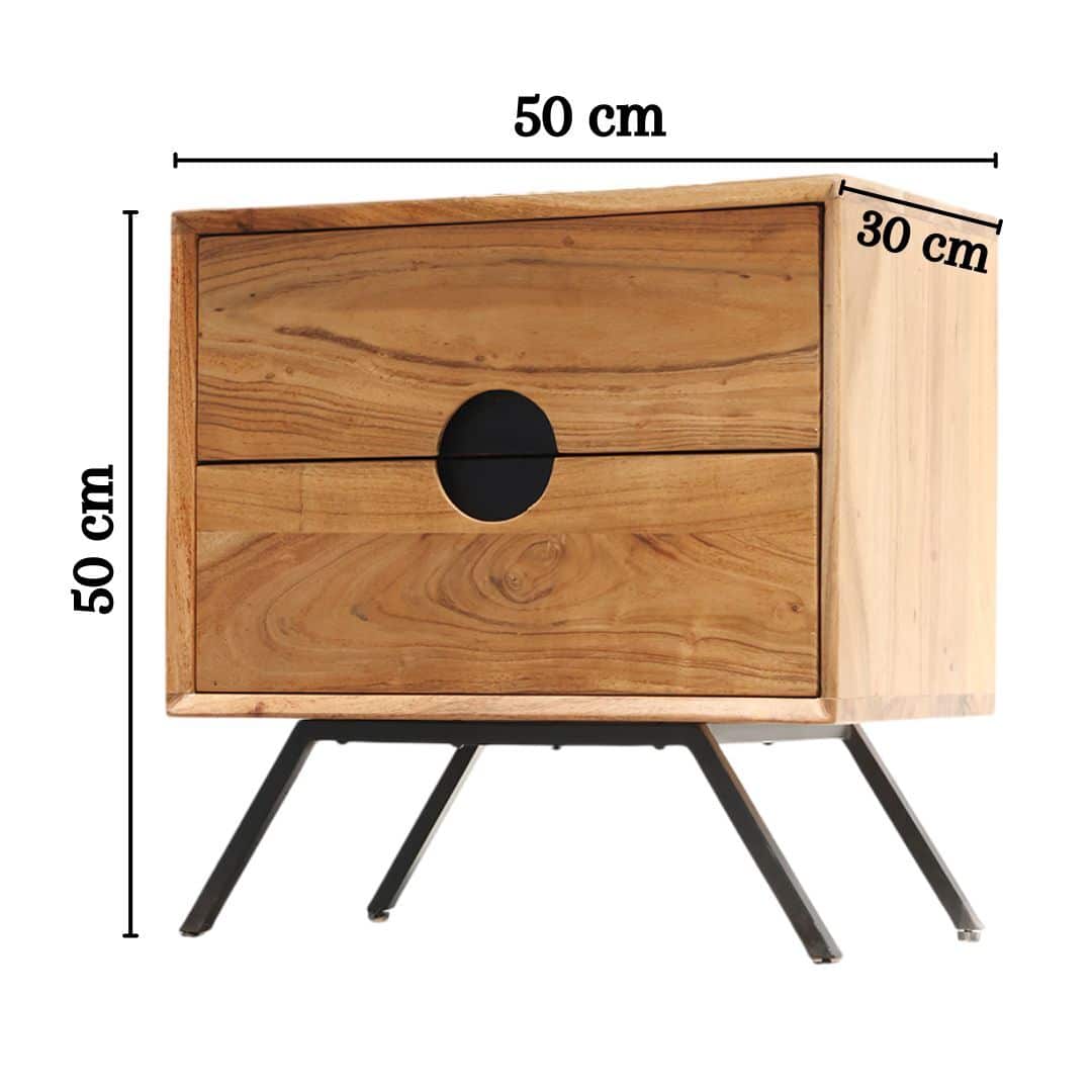 The RAMSHA HOME Solid Acacia Wood Sideboard Cabinet is a 2-drawer storage unit with black metal legs and circular handles, measuring 50x50x30 cm—ideal for stylish bedroom organization.