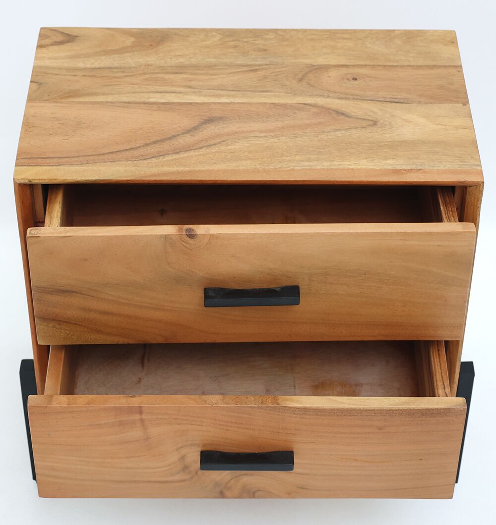 The RAMSHA HOME Solid Acacia Cabinet with 2 Drawers is a stylish storage unit featuring black rectangular handles and a natural wood grain finish, offering a compact solution for bedside or home use.