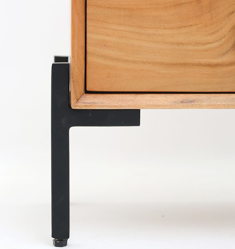 Close-up of the RAMSHA HOME Solid Acacia Cabinet with 2 Drawers, showing its sturdy black metal L-shaped leg on a light floor and plain white background—a stylish storage unit for any space.