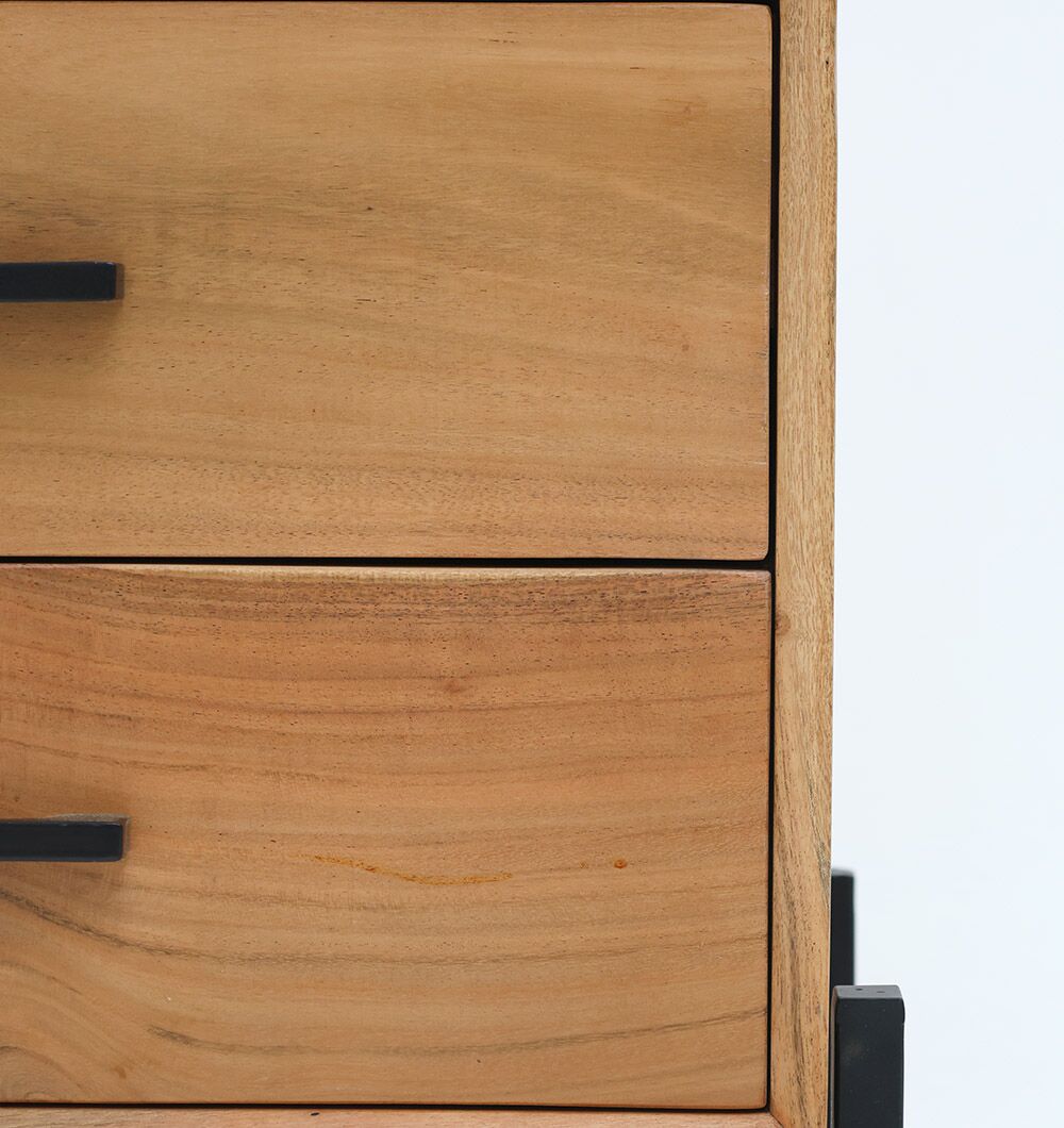 Close-up of the RAMSHA HOME Solid Acacia Cabinet with 2 Drawers, featuring sleek black metal handles. The wood's natural grain and color variations add style to this compact storage unit, set against a plain white background.