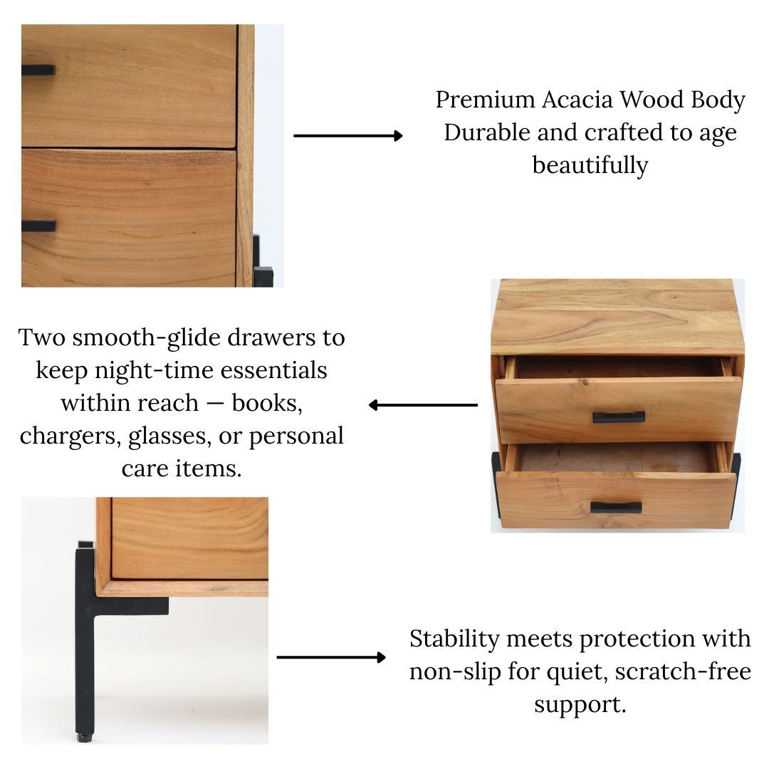 The RAMSHA HOME Solid Acacia Cabinet with 2 Drawers is a stylish storage unit featuring black metal legs and handles, smooth-glide drawers for your essentials, and non-slip legs to ensure stable, scratch-free support by your bedside.