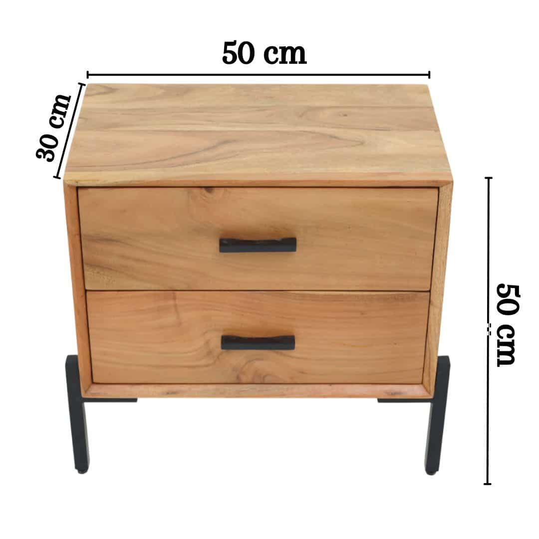 The RAMSHA HOME Solid Acacia Cabinet with 2 Drawers features black handles and sleek black metal legs. Measuring 50x30x50 cm, it’s a stylish storage unit ideal for compact bedrooms.