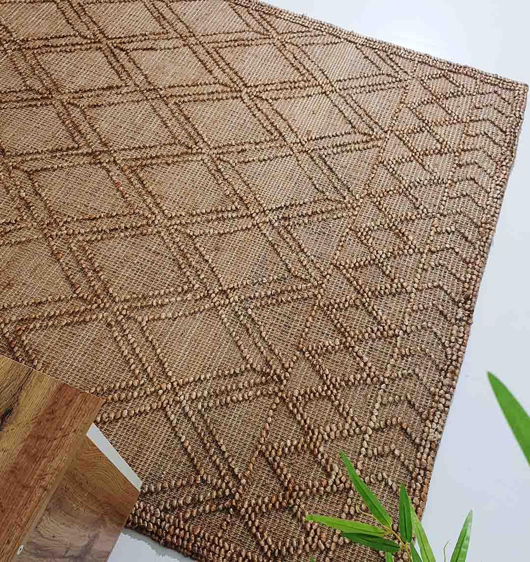The RAMSHA HOME Floor Woven Living Room Rug SR-019, a natural color rectangle with a diamond pattern, is spread on a light floor. A wooden table and green plant leaves appear at the edges.