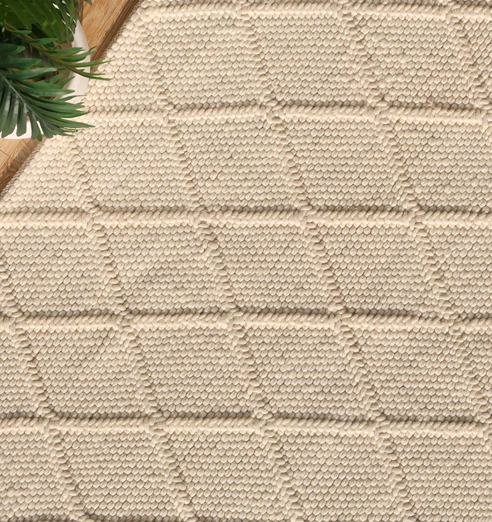 High-resolution image detailing the individual wool and cotton fibers and the tight knotting for structural soundness.