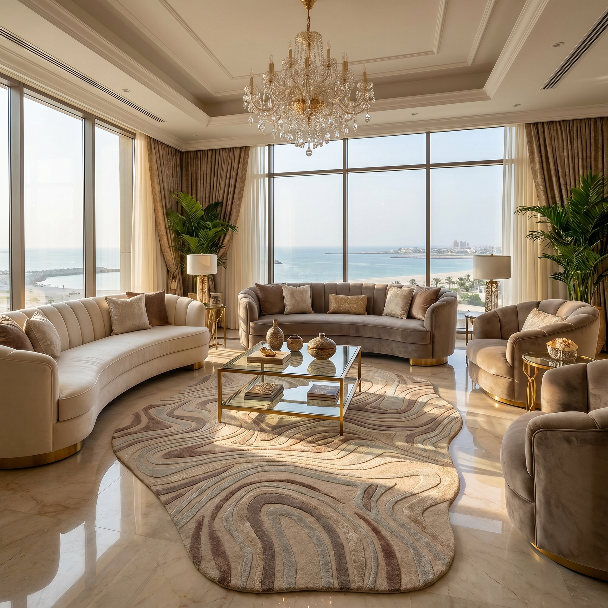 Luxurious living room with sea views, elegant curved sofas, glass coffee table, gold accents, crystal chandelier, marble floor, potted plants, and the RAMSHA HOME Desginer Freeform Handmade Rug HTWV-196. Natural light fills the space.