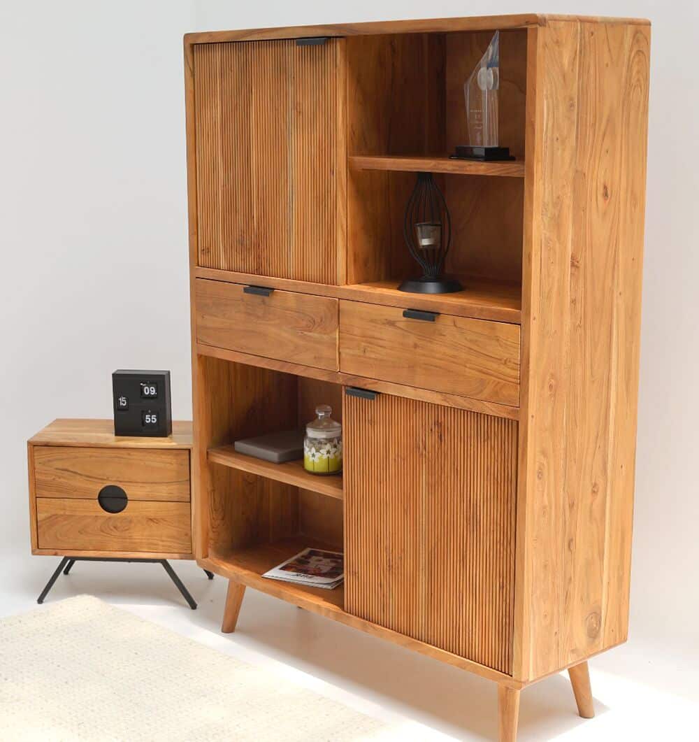 Handcrafted Acacia Wood Cabinet With Open Shelves