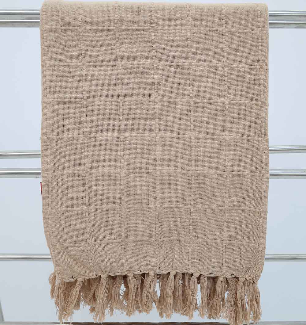 The Ramsha Home Living Room Throw Beige Color TAL 052 (130x160cm) features a neutral square pattern and fringed tassels, adding modern comfort and style to your space.