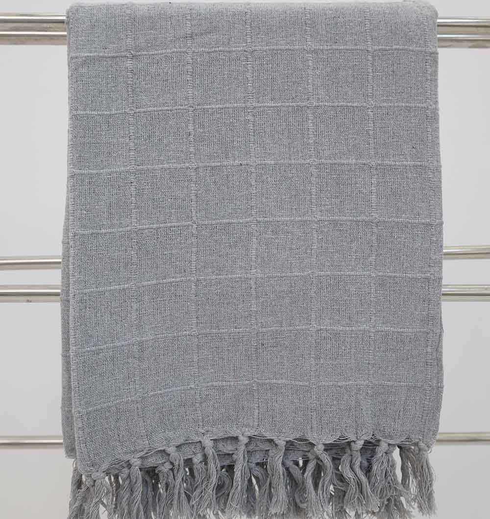 The Ramsha Home Living Room Throw Light Grey Color TAL 054 (130x160cm) adds a subtle checkered touch and cozy fringed edges to your décor—ideal for draping on sofas or towel racks.