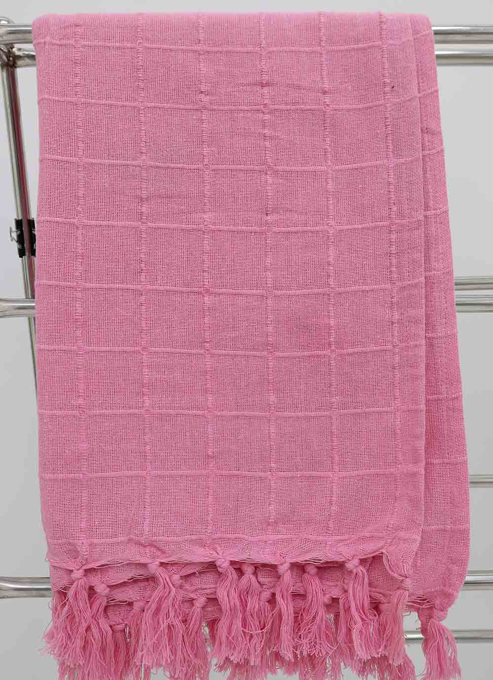 The Living Room Throw Pink Color TAL 056 (130x160cm) by Ramsha Home adds a stylish touch to your décor with its grid pattern and tassel fringe—ideal as a pink accent for your living room.