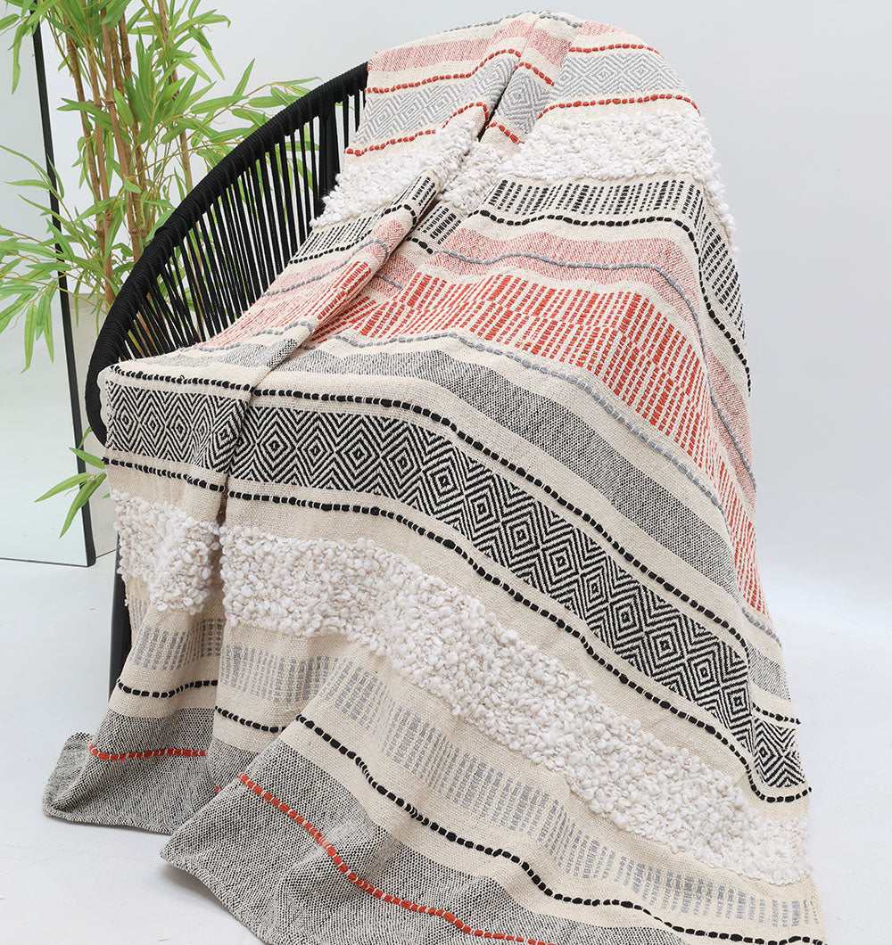 The Living Room Throw Multi Color TAL 058 (130x160 cm) by Ramsha Home features black, white, grey, and orange geometric and striped patterns, draped over a black chair beside a green plant against a plain white background.