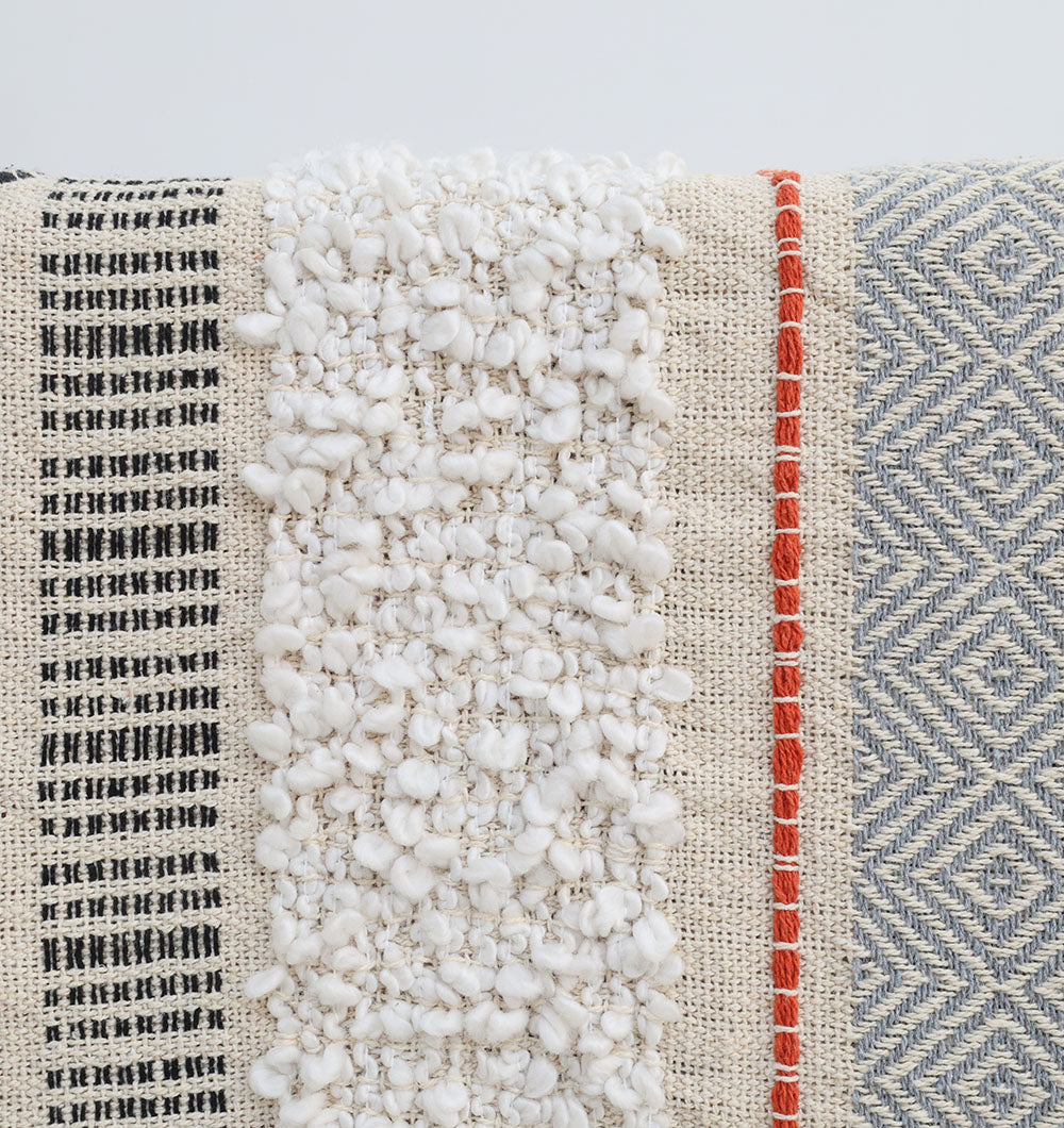 A close-up of the Ramsha Home Living Room Throw Multi Color TAL 058 (130x160 cm) reveals black and cream grid lines, knobby white yarn, a slim red stripe, and blue geometric accents for a striking, luxe multi-textured look.