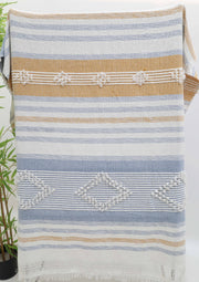 The Living Room Throw Multi Color Cotton Throws TAL 059 (130x150 cm) by Ramsha Home features blue, white, and tan stripes with textured geometric patterns in a soft cotton-acrylic blend, stylishly draped with a leafy green plant on the left.