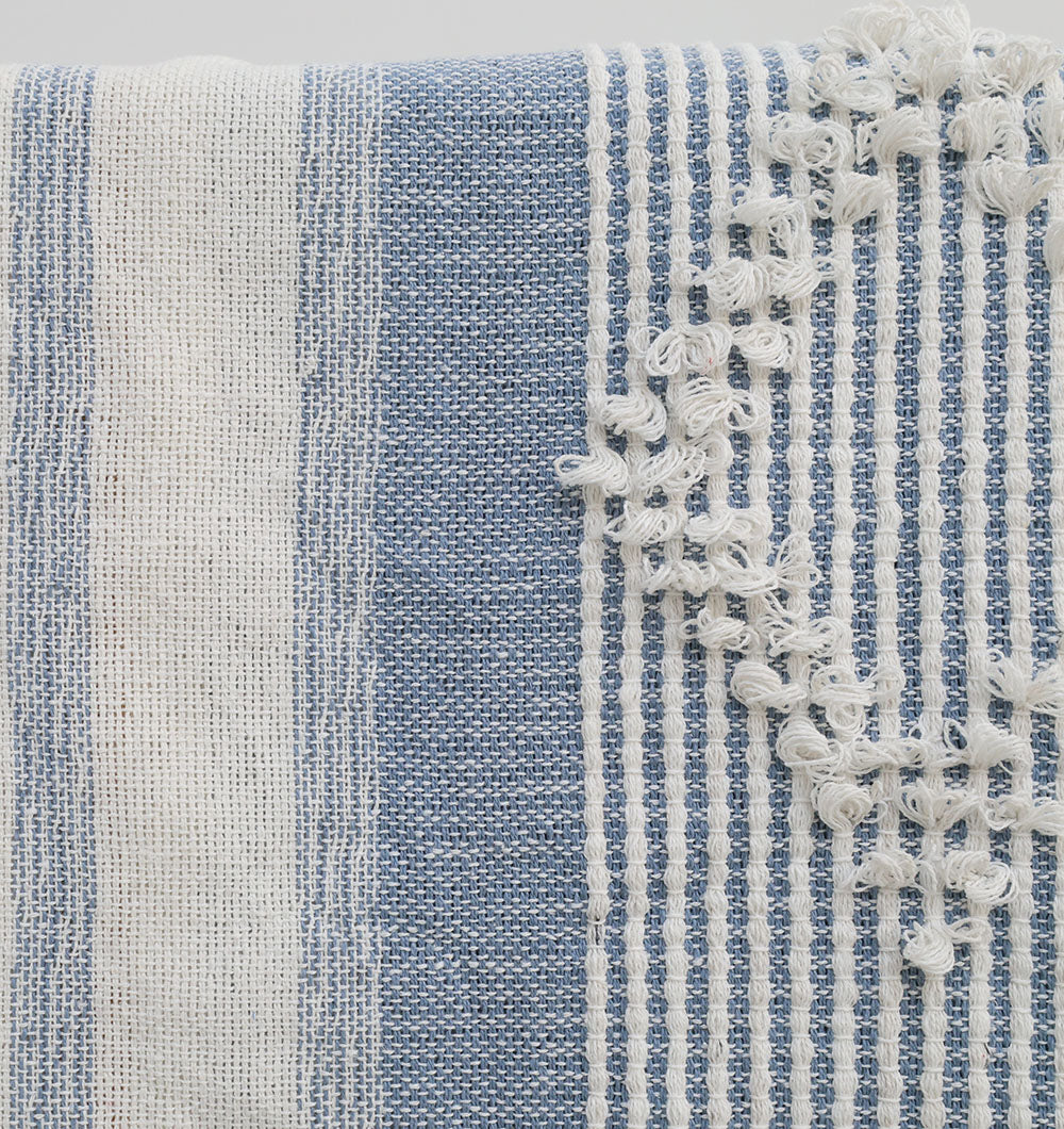 Close-up of the Ramsha Home Living Room Throw Multi Color Cotton Throws TAL 059 (130x150 cm), showing blue and white stripes, soft cotton-acrylic blend texture, and white fringe along the edge.