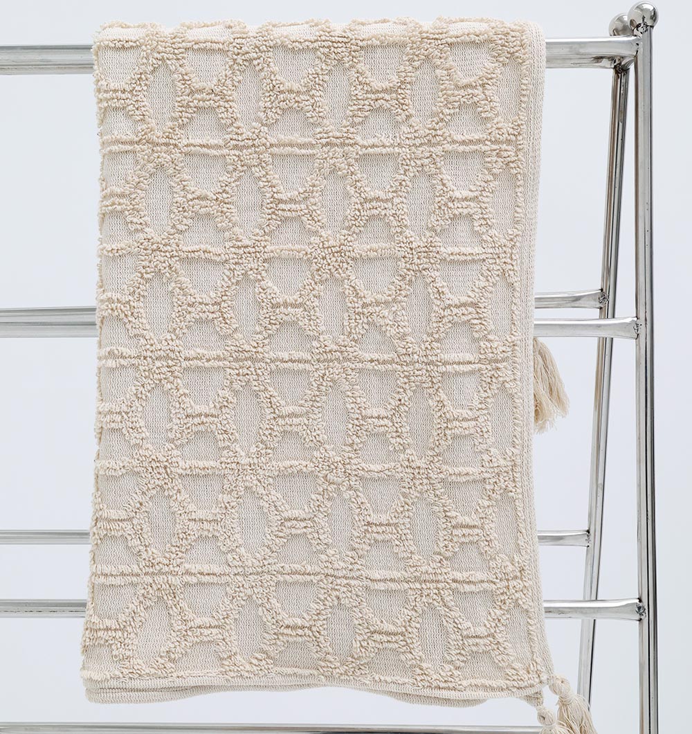 The Living Room Throw Natural Color Cotton Throws TAL 063 (130x175 cm) by Ramsha Home adds a stylish geometric texture and natural tone, making it the perfect accent for your living room décor.