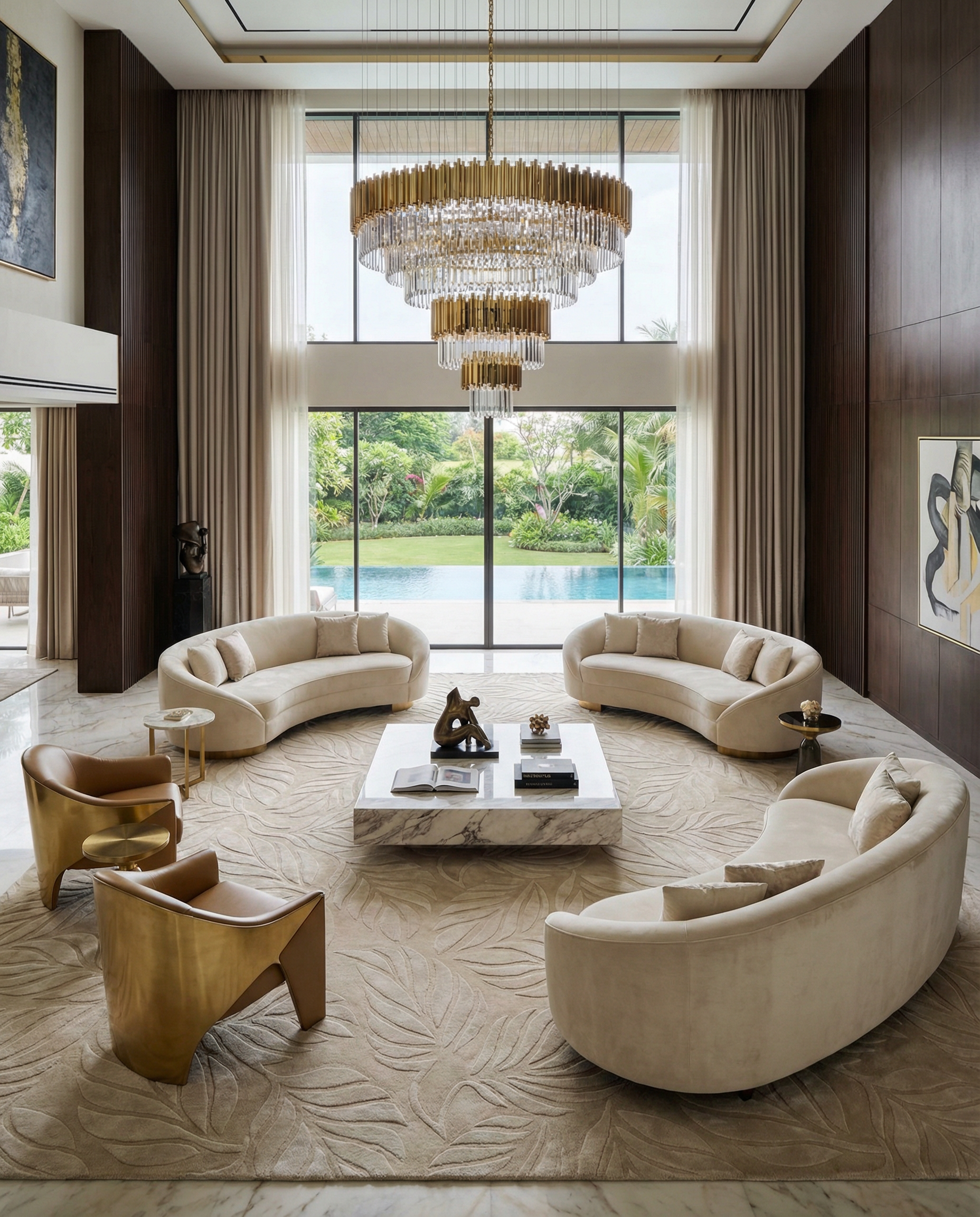 A luxurious living room with large windows, curved beige sofas atop the RAMSHA HOME Beige Color Indoor Handmade Area Rug - HTV 15, gold accent chairs, a marble coffee table, sculptural chandelier, and views of the pool amid elegant neutral-toned decor.