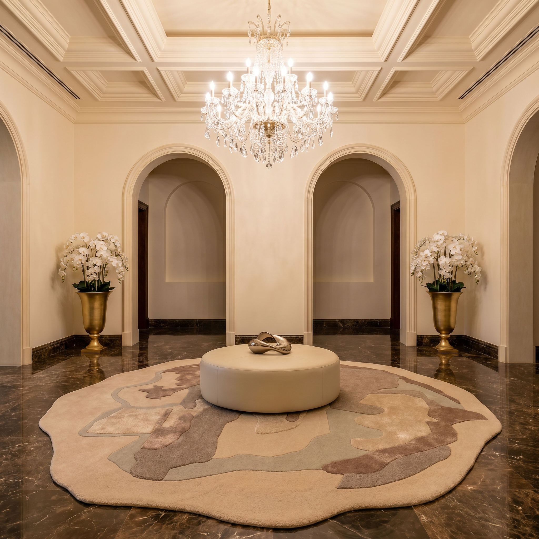 A luxurious entryway features the RAMSHA HOME Round Abstract Shaped Rug with Textured Contour Pattern HTWV-193, a central pouf, three arched doorways, marble floors, potted orchids, and an ornate crystal chandelier on a coffered ceiling.