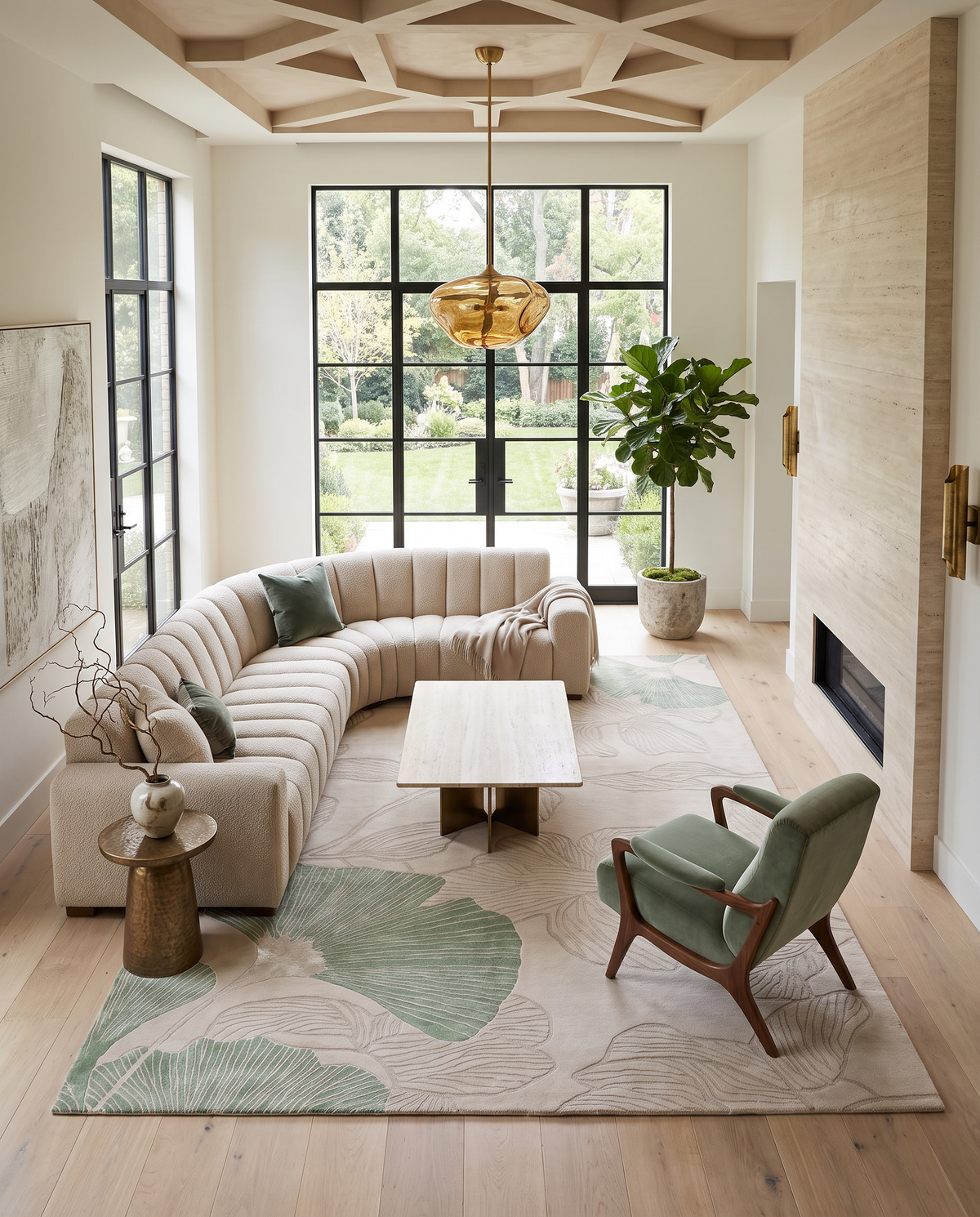 Modern living room with a curved beige sofa, wooden coffee table, green accent chair, large potted plant, and floor-to-ceiling windows overlooking a garden. Light wood floors and a geometric ceiling add warmth, while the RAMSHA HOME Floral Handmade Rectangle Rug HTWV-189 brings texture and subtle elegance to the space.