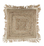 The RAMSHA HOME Jute Cushion With Small Fringes cs-145 features a tightly woven natural jute texture, spiral design, and earthy beige/light brown tones—an ideal rustic accent for your home décor.