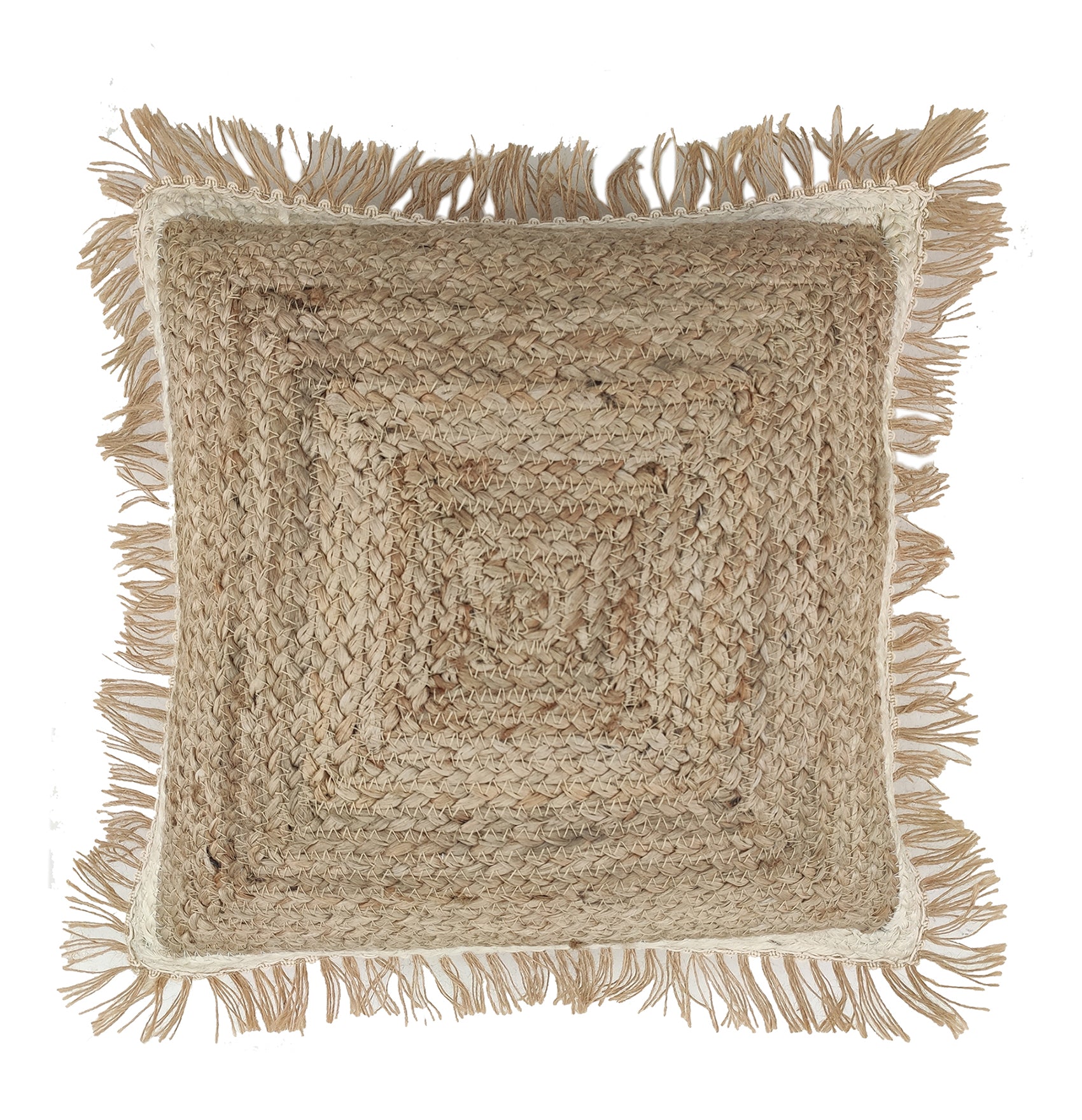 The RAMSHA HOME Jute Cushion With Small Fringes cs-145 features a tightly woven natural jute texture, spiral design, and earthy beige/light brown tones—an ideal rustic accent for your home décor.