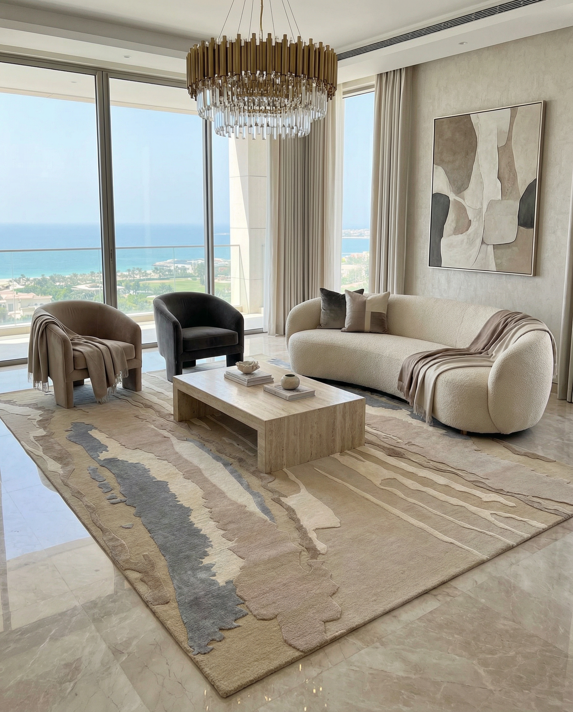 A modern living room with large windows and an ocean view, featuring a beige curved sofa, two armchairs, a rectangular coffee table, gold chandelier, abstract wall art, and the RAMSHA HOME Classic Rectangle Handmade Area Rug-HTWV 177 (300x400 cm) for added elegance.