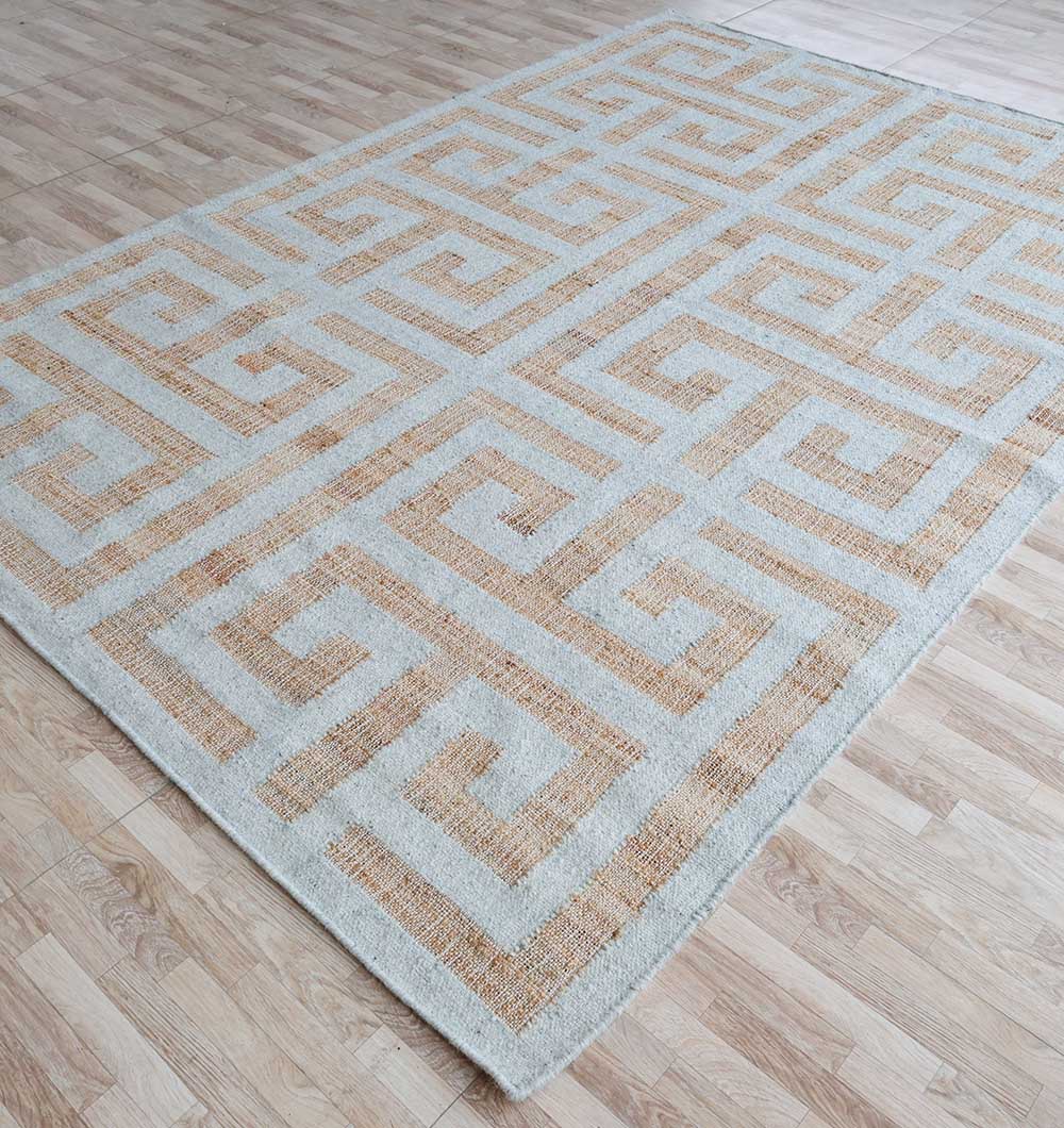 The RAMSHA HOME Decorative Woven Rug For Living Room WR-038 features a beige and cream Greek key design, adding a stylish, contemporary touch to your space with its modern rectangular geometric pattern.