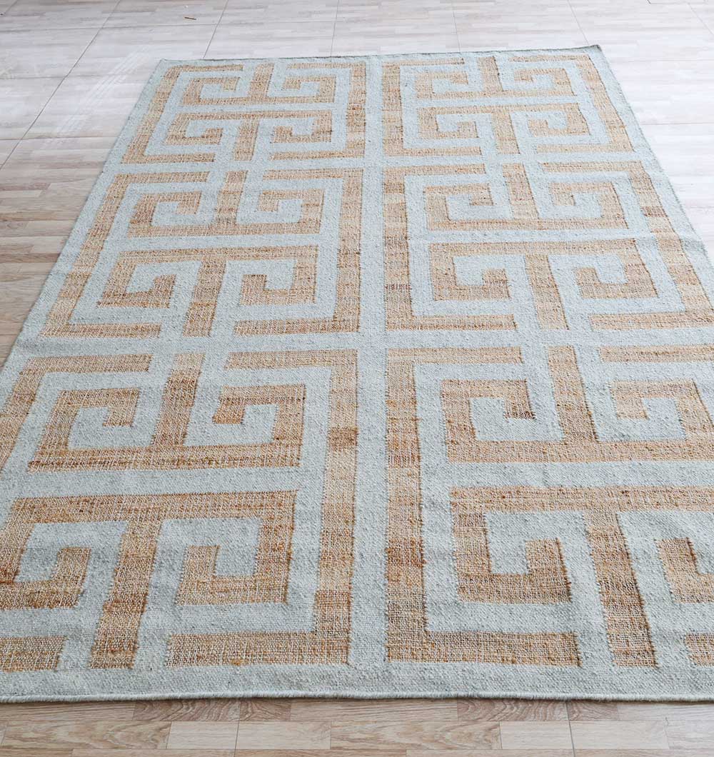 The RAMSHA HOME Decorative Woven Rug For Living Room WR-038, with a beige and light gray Greek key pattern, rests on a light wood floor, lending modern elegance as a striking geometric border rug.