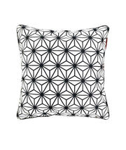 The RAMSHA HOME Polyester Cushion Cover (CS-073) features a black and white interlocking star pattern on a white background, offering textured, symmetrical style—perfect for modern home decor.