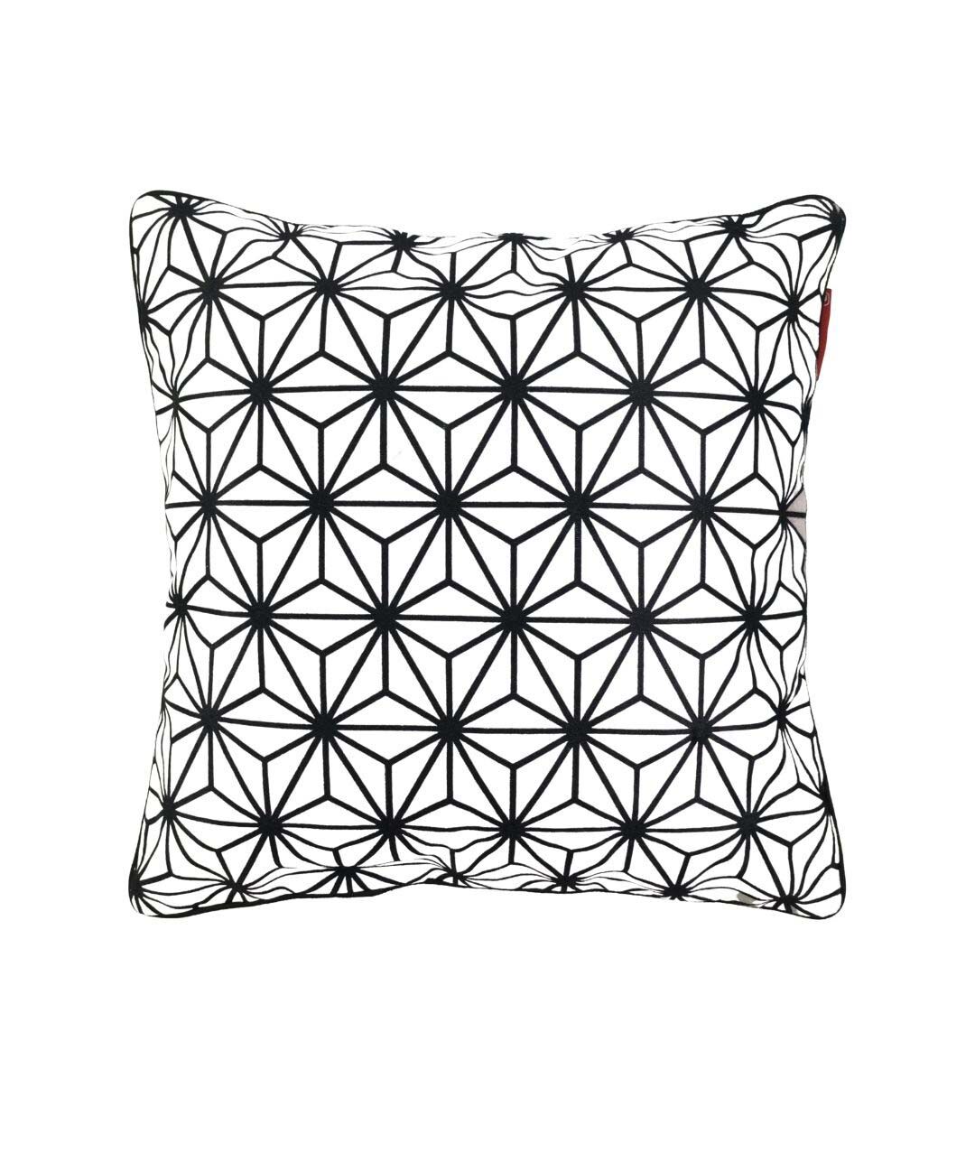 The RAMSHA HOME Polyester Cushion Cover (CS-073) features a black and white interlocking star pattern on a white background, offering textured, symmetrical style—perfect for modern home decor.