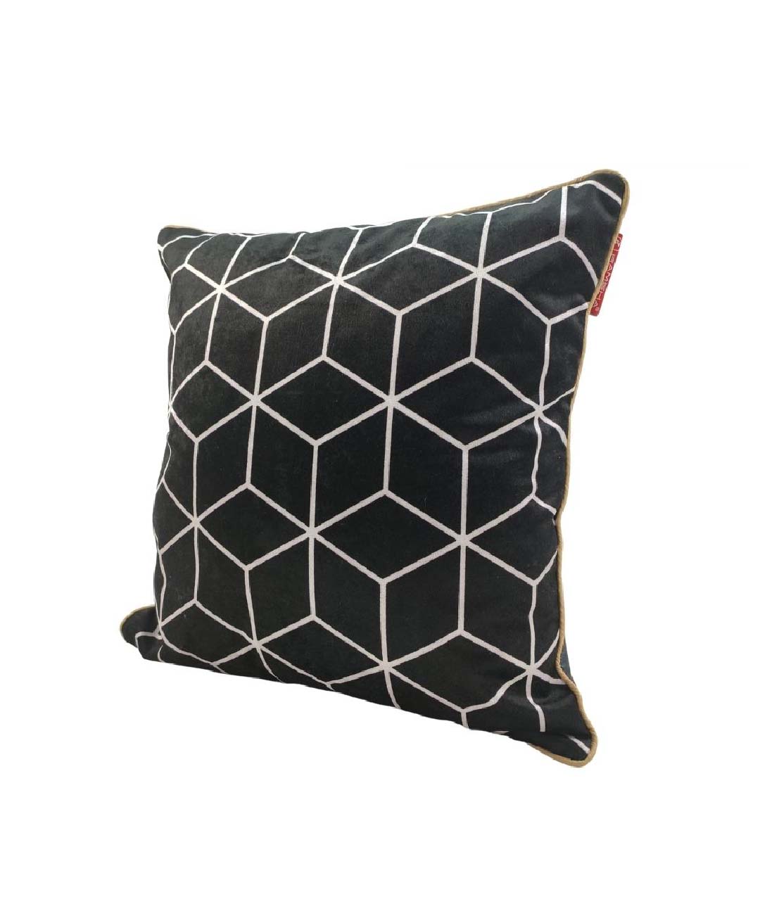 The RAMSHA HOME Black & White Polyester Cushion Cover CS-072 features a modern geometric cube pattern, a small red fabric tag, and offers a stylish accent for your home decor.