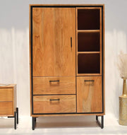 The Handcrafted Acacia Wood Cabinet Almirah With Open Shelves by RAMSHA HOME features a black metal frame, two left drawers, a tall door, a small bottom right door, and top open shelves—perfect for your living room decor.