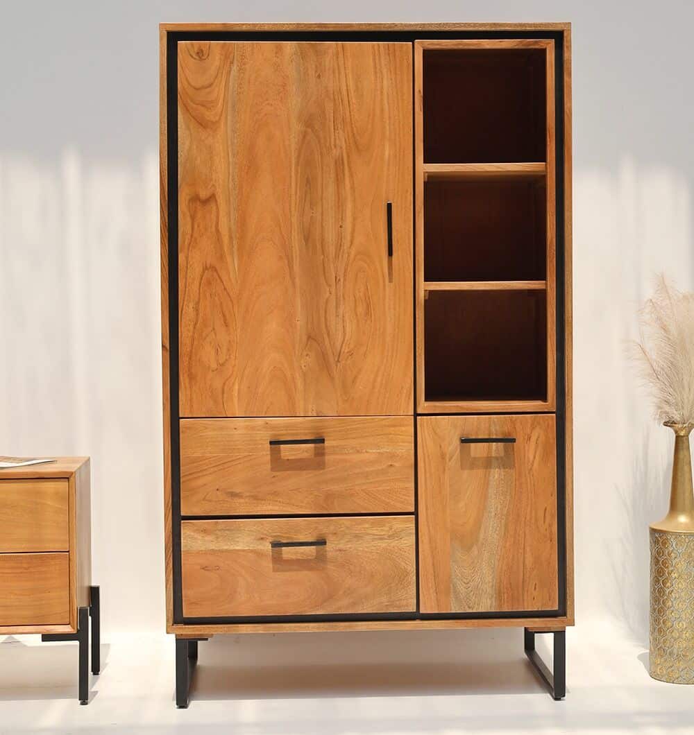 The Handcrafted Acacia Wood Cabinet Almirah With Open Shelves by RAMSHA HOME features a black metal frame, two left drawers, a tall door, a small bottom right door, and top open shelves—perfect for your living room decor.