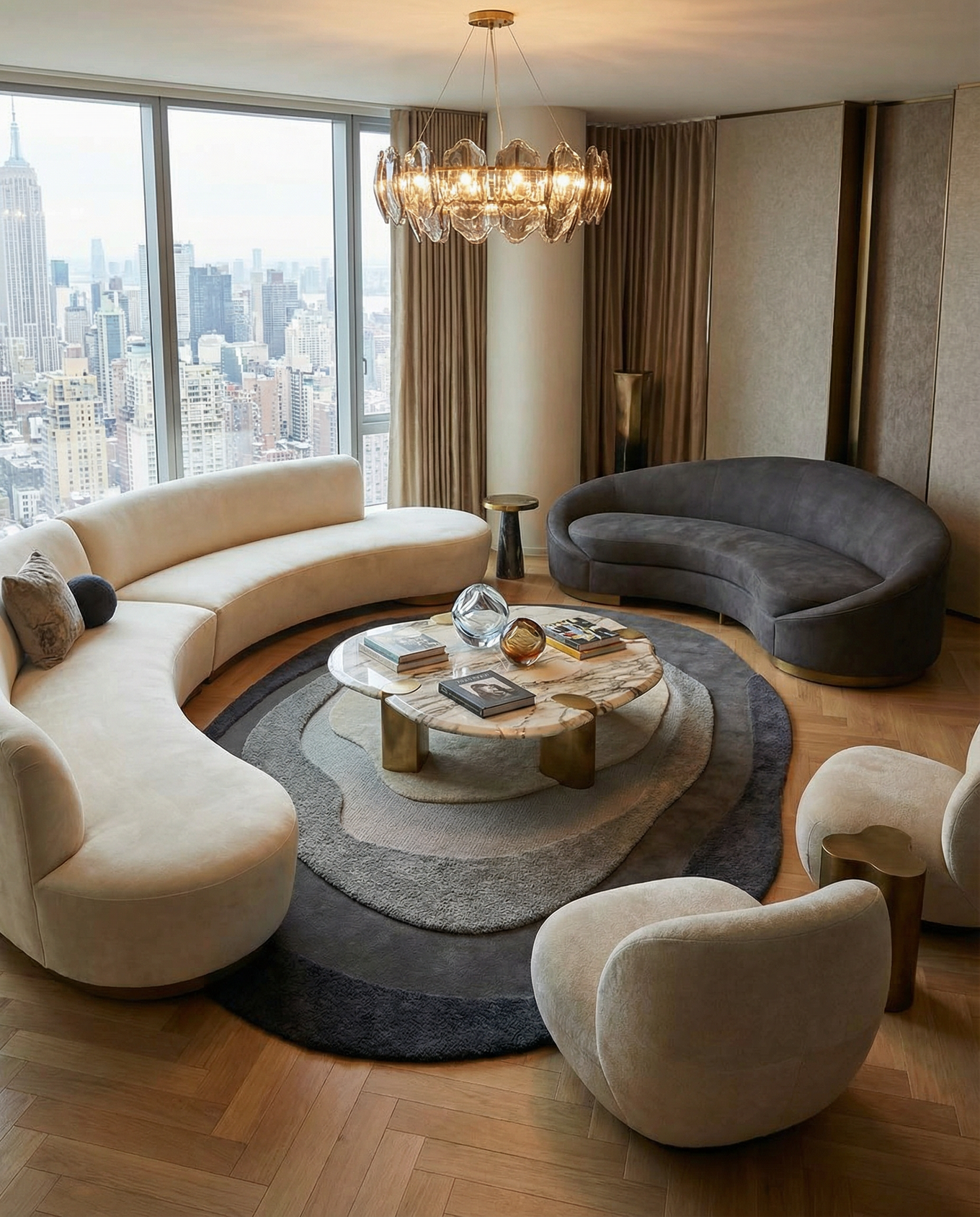 A modern living room with large windows showcasing a city skyline, featuring two curved sofas, two rounded armchairs, a marble coffee table, a RAMSHA HOME Oval Shape Home Decor Multi Color Rug HTWV-90, and a contemporary chandelier.