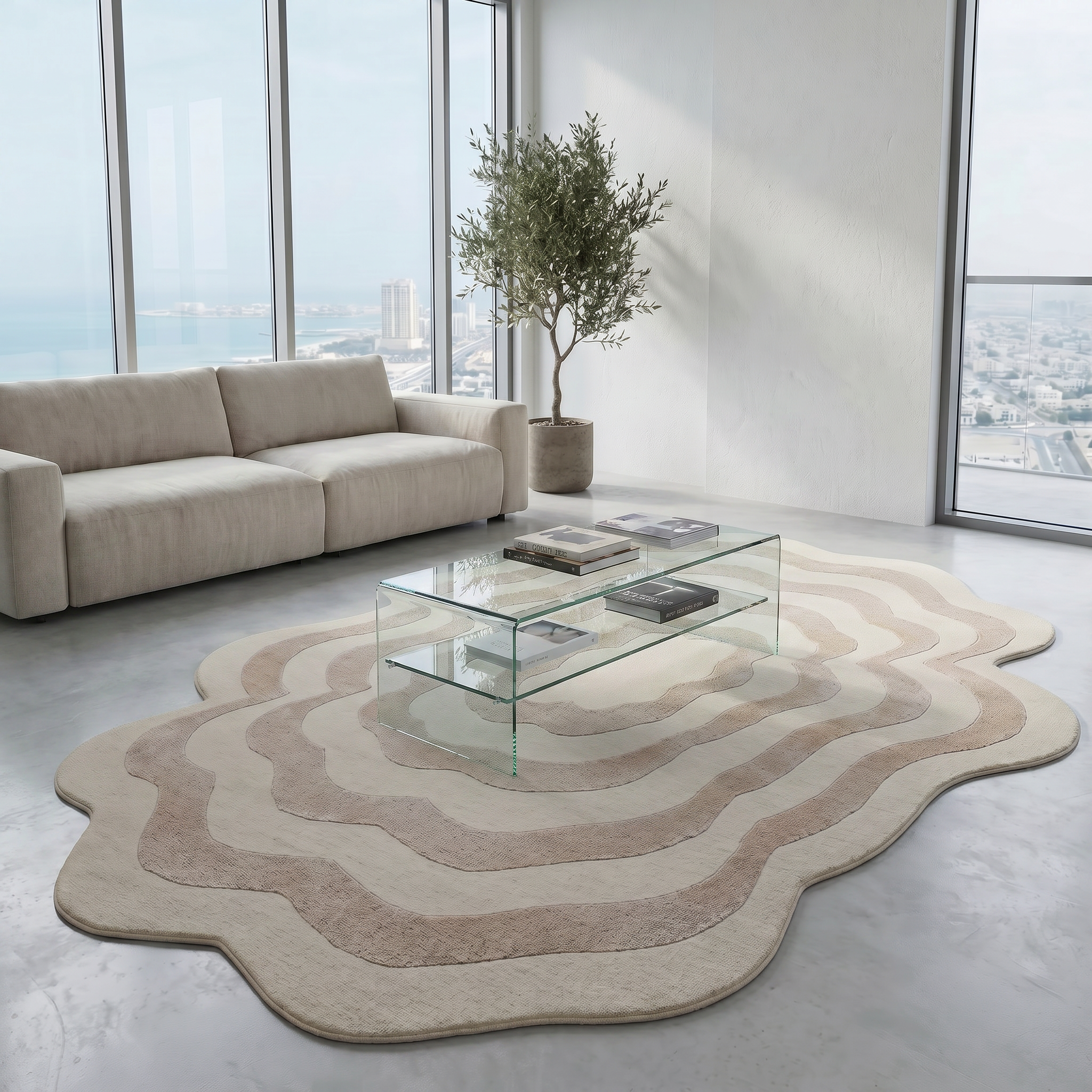 A modern living room features floor-to-ceiling windows, a cream sofa, glass coffee table with books, a potted tree, and the RAMSHA HOME Beige & Cream Wavy Handmade Area Rug (HTWV-144) on a light floor. City and ocean views shine outside.
