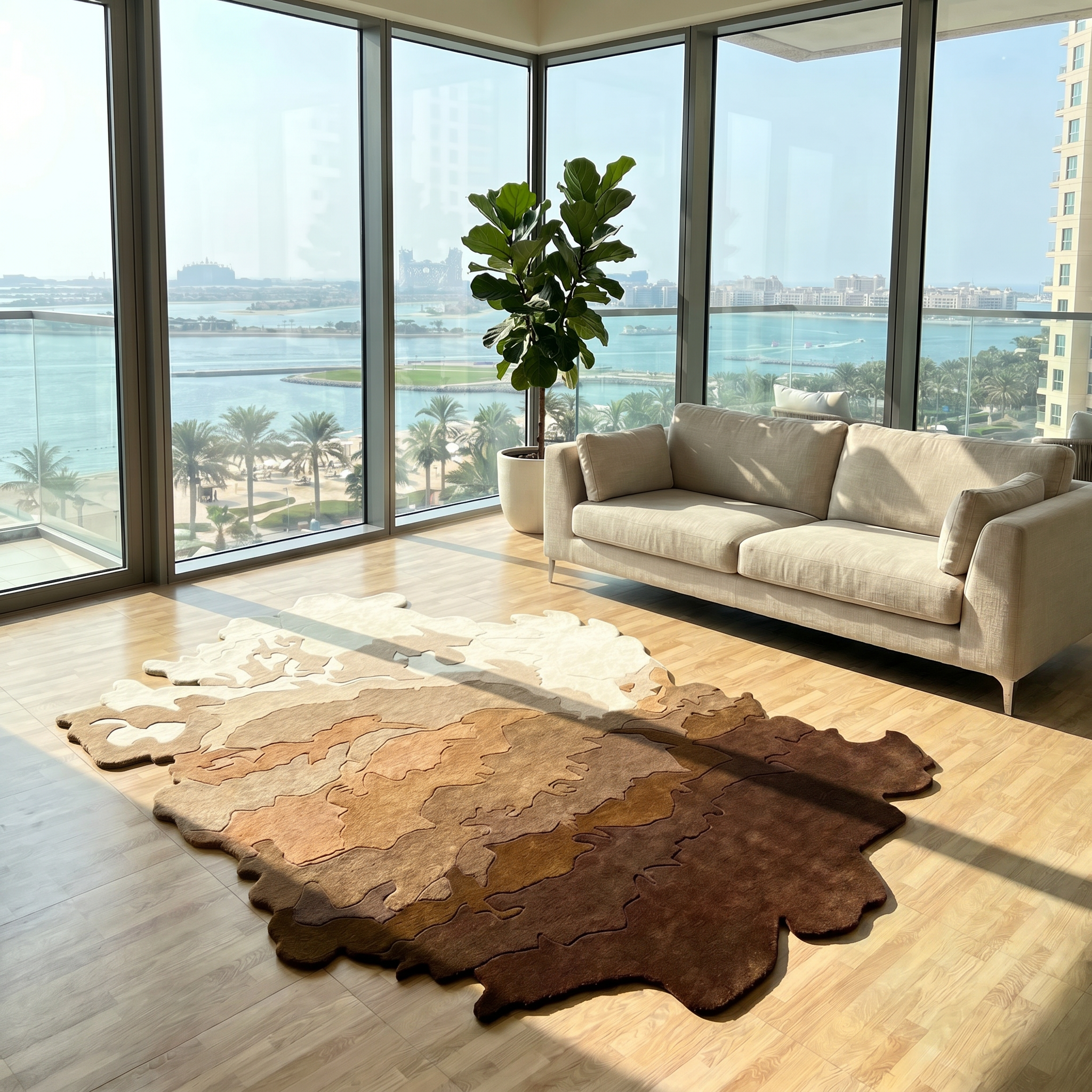 A beige sofa sits by floor-to-ceiling windows in a bright, modern room with a leafy potted plant and the Handmade Shape Brown Color Area Rug - HTW 86 by RAMSHA HOME. Outside, palm trees, water, and city views are visible.