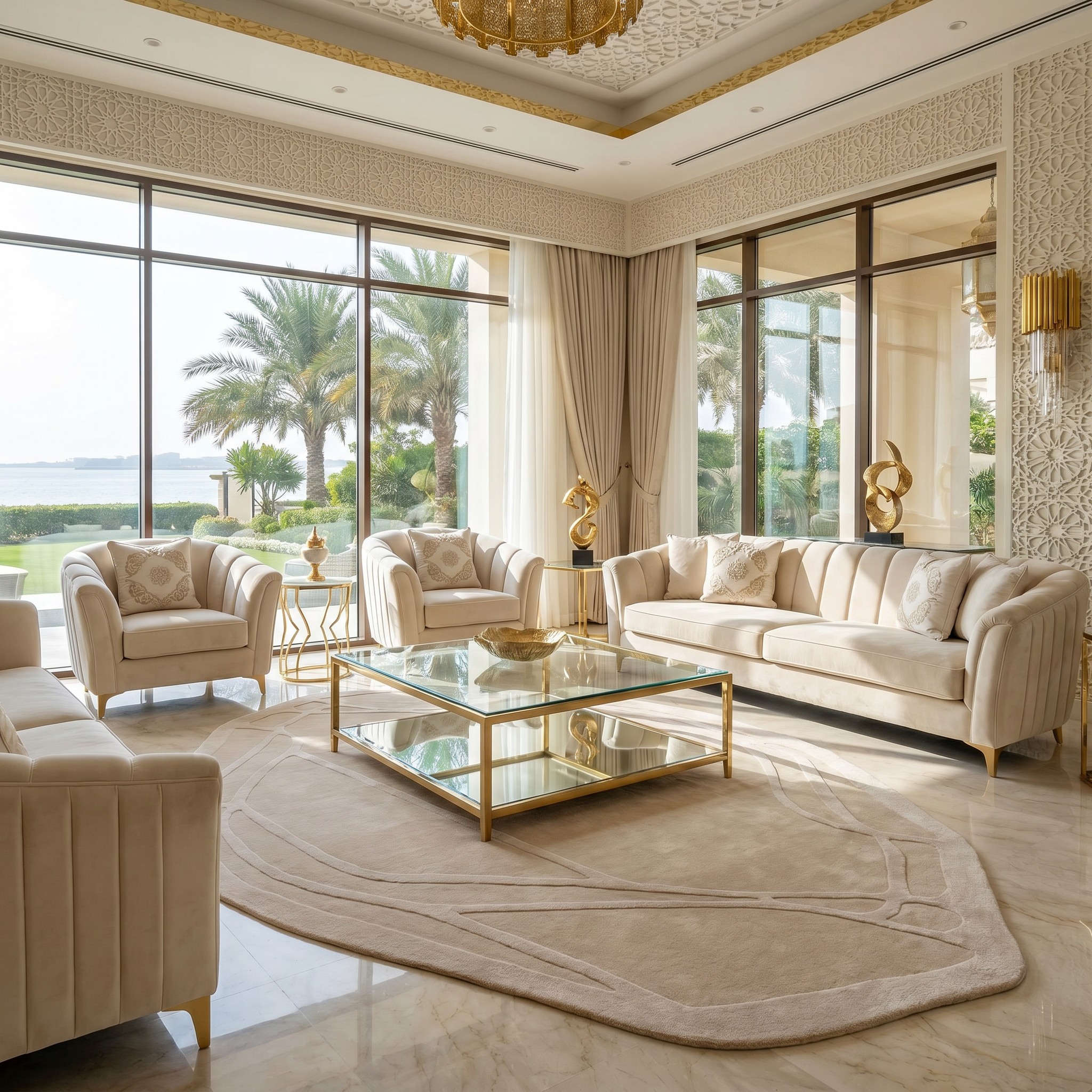 A luxurious living room features cream sofas, a glass coffee table with gold accents, palm tree views, elegant gold sculptures, patterned walls, and a RAMSHA HOME Handmade irregular 200x300 cm Rug HTWV-190.