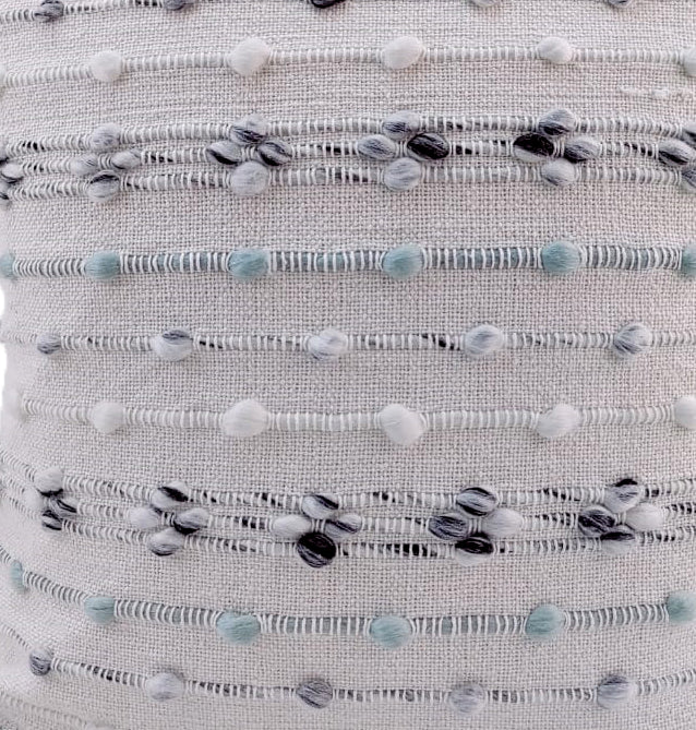 The RAMSHA HOME Woven Cotton Cushion With Insert cs-150 features a textured white design with soft pom-poms in white, grey, and pale blue—perfect for enhancing your decor with comfort and style.